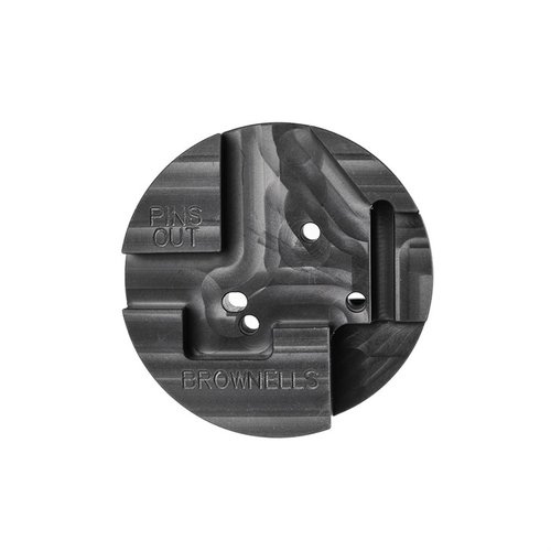 The Brownells AR-15 Front Sight Bench Block features two working sides for easy installation and removal, made from durable polyethylene and compact for convenience.