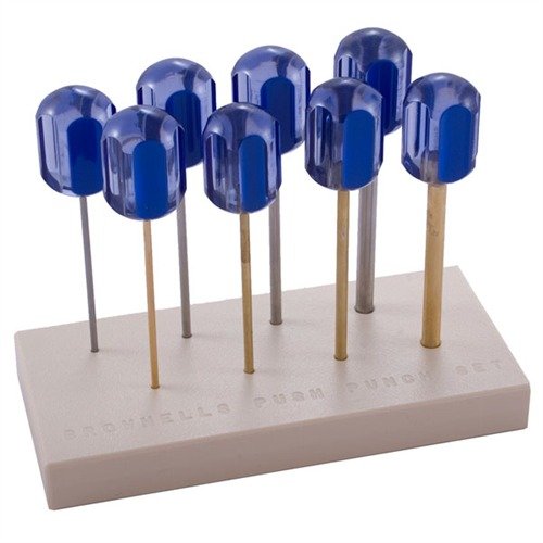 The Brownells Alignment & Push Punch Set includes 8 durable punches and a bench block, perfect for aligning parts and starting pins during assembly and disassembly.
