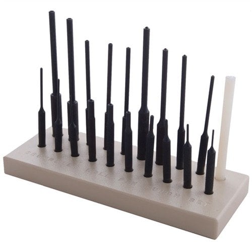 The Brownells Roll Pin Punch Set features 19 durable steel punches and a bench block, ensuring precise installation and removal of roll pins without damage.