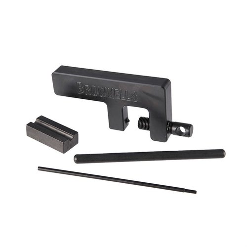 The Brownells 1911 Plunger Tube Staking Tool ensures secure plunger tube installation without damage, featuring adjustable support and durable crimping tips.