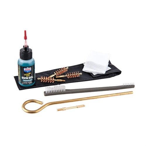 The Brownells .40/.41 Caliber Handgun Cleaning Kit offers top-quality components, including a brass rod, brushes, patches, and Lucas Oil, all in a portable pouch.