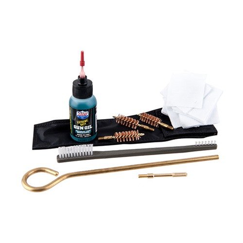 The Brownells 44/45 Caliber Handgun Cleaning Kit offers essential tools for effective pistol cleaning, featuring a brass rod, brushes, patches, and Lucas Oil in a portable pouch.