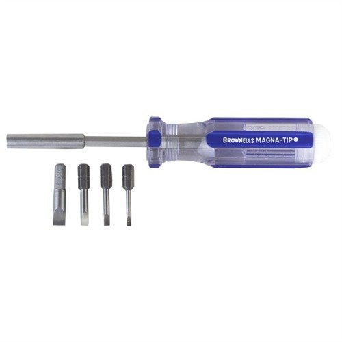 The Brownells Magna-Tip 5 Piece Screwdriver Set offers precision fit bits for Winchester and Marlin rifles, with a compact design for easy transport and storage.