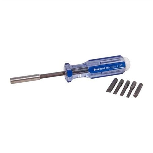 The Brownells Magna-Tip 6 Piece Screwdriver Set offers precision-fit bits for Winchester and Marlin rifles, compact storage, and portability for gunsmiths and shooters.