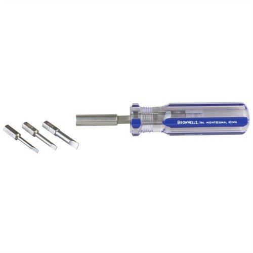 The BROWNELLS Magna-Tip Screwdriver Set features a self-storing design with a clip-tip handle, perfect for gunsmiths and shooters on the go.