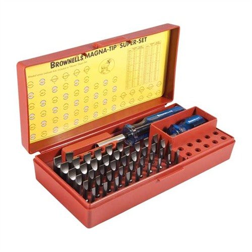 The BROWNELLS MAGNA-TIP 44 Bit Professional Screwdriver Set features a magnetic Law Enforcement handle and a comprehensive selection of bits for versatile gunsmithing.
