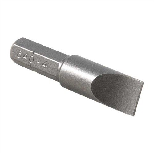 The Brownells Magna-Tip Super Set Bit #340-4 is heat-treated steel, designed for precision fitting of 1911 Auto & Ruger MkI/MkII grip screws.