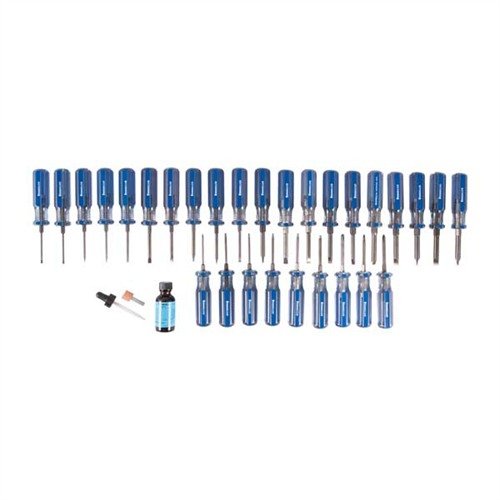 The Brownells Gunsmith's Super Master Fixed-Blade Screwdriver Set features hollow-ground radius for added strength, with durable shanks and individual packaging.