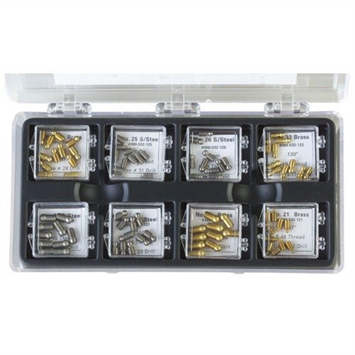 The Brownells Shotgun Sight Kit 'B' offers 80 precision brass and stainless steel beads, all housed in a clear plastic box for easy access and organization.