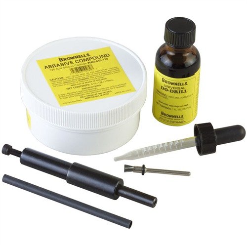 The Brownells Deluxe Engine Turning Kit includes 12 E/T brushes, 24 O-rings, heat shrink tubing, 120 grit Silicon Carbide Abrasive, and a brush holder for precise finishing.