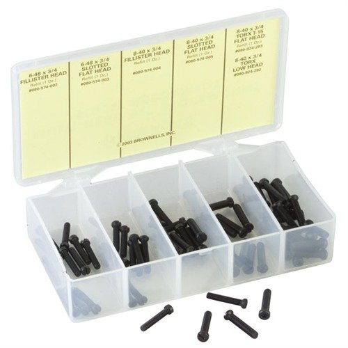 The Brownells Long 6-48 & 8-40 Screw Kit includes 12 screws each of various types, perfect for custom bases and can be easily cut to fit your needs.