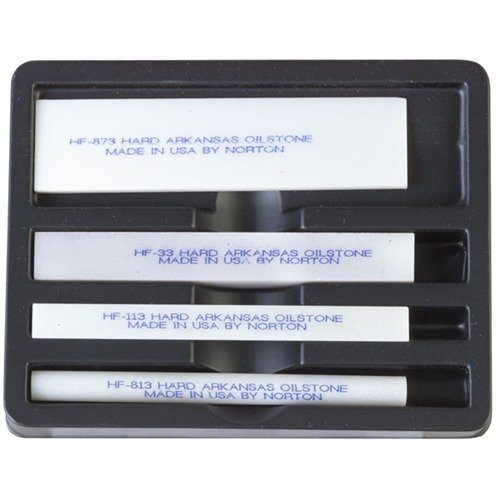 The GUNSMITH'S PREMIUM ARKANSAS STONE FILE SET features Norton Premium Stones in essential shapes, ensuring precise sharpening and maintenance for your firearms.