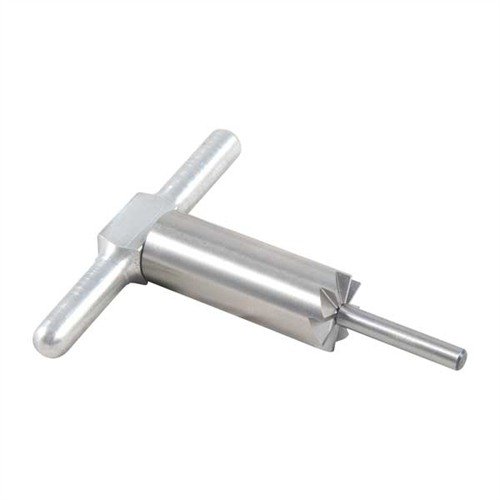 The Brownells 90° Muzzle Facing Cutter & Steel Pilot ensures precise muzzle alignment for .22 RF firearms, featuring a durable hardened steel cutter and lightweight aluminum handle.