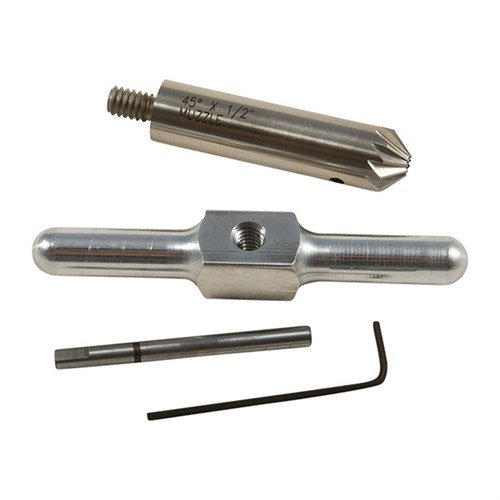 The Brownells 45° Chamfering Cutter smooths muzzle edges for clean bullet exits and speeds up revolver reloads, featuring interchangeable pilots for versatility.