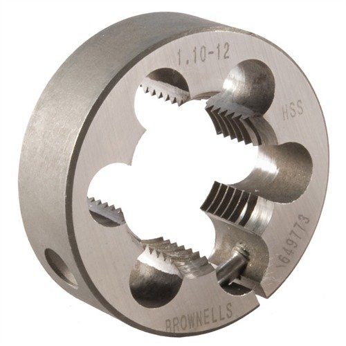 Brownells Barrel/Receiver Dies clean and chase threads for easy installation, ideal for rebarreling with pre-threaded barrels. Made from high-speed steel.