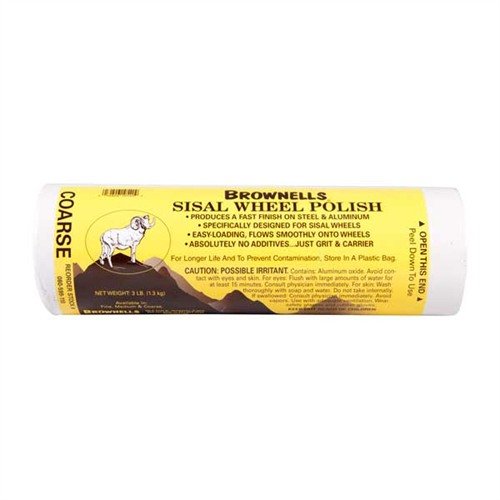 Achieve a superior finish with Brownells Sisal Wheel Polish, Medium Grit, ideal for effective polishing on sisal wheels, packed conveniently in a 3 lb. tube.