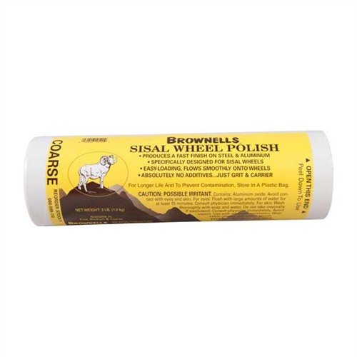 Achieve a superior polish with Brownells Sisal Wheel Polish Coarse Grit, packed in a 3 lb. cardboard tube, perfect for effective sisal wheel polishing.