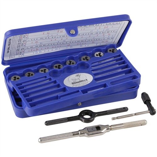 The Brownells Tap & Die Kit No. 1 offers a comprehensive selection of carbon steel taps and dies, essential for any gunsmith's bench, ensuring precise threading.