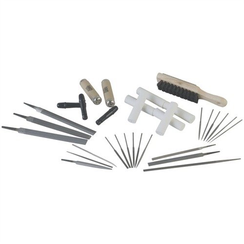 The Brownells File Starter Set includes 19 essential files, 5 handles, file chalk, and a cleaning brush, perfect for sight installation and action refinishing.