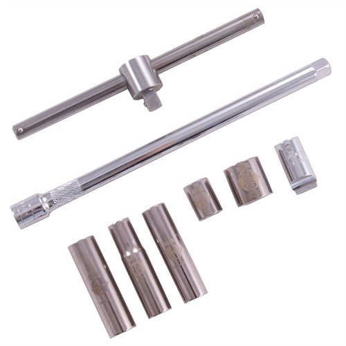 The Brownells Complete Stock Takedown Set includes essential tools like a T-handle and drive sockets to easily prevent split stocks during maintenance.