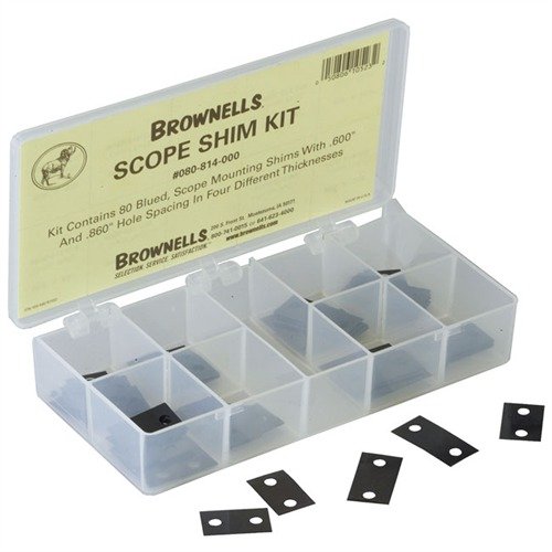 The Brownells Scope Shim Kit offers 80 steel shims in various thicknesses and hole spacings, ensuring you have the right shim at your fingertips for precise mounting.