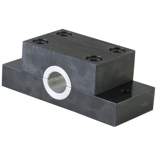 The Brownells Steel Barrel Vise Set features durable steel blocks and versatile bushings, ensuring secure handling of various rifle barrels for precise gunsmithing.