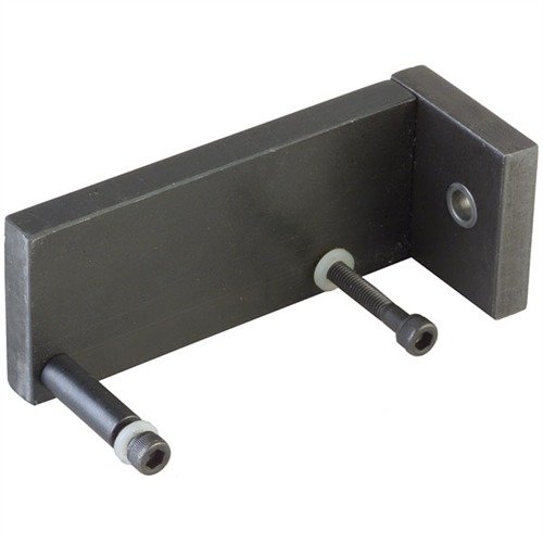 The Brownells 10/22 Receiver Drilling Jig ensures precise location of the barrel cleaning hole on Ruger 10/22 receivers, crafted from durable blued steel.