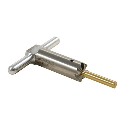 The Brownells 90° Muzzle Facing Cutter & Brass Pilot ensures precise squaring and facing of .270 muzzles with its durable hardened steel design and lightweight aluminum handle.
