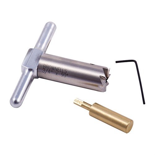 The Brownells 90° Muzzle Facing Cutter squares and repairs muzzles with precision; includes a hardened steel cutter, brass pilot, and handle in a durable box.