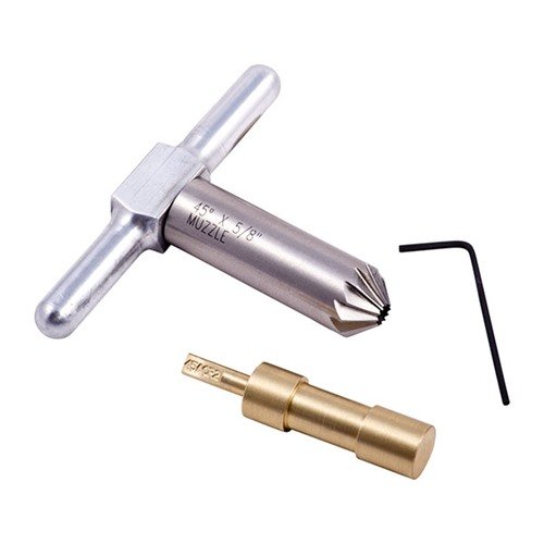The Brownells 45° Chamfering Cutter & Brass Pilot effortlessly breaks sharp edges on muzzles and chambers, ensuring clean bullet exits and faster revolver reloads.