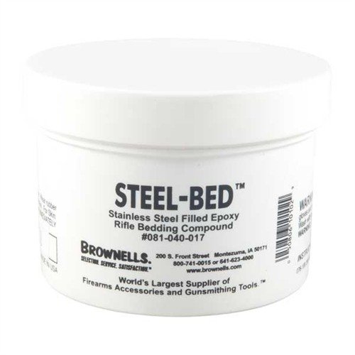 The Brownells Steel Bed Resin is a stainless steel-filled epoxy designed for optimal rifle bedding, providing unmatched durability and precision in a convenient 8 oz. kit.