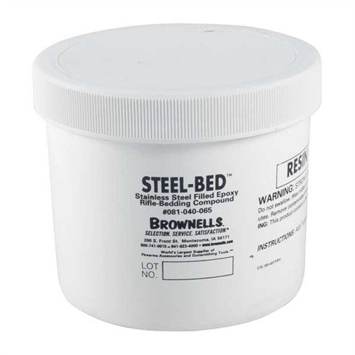 Brownells Steel Bed Resin is a 32 oz. stainless steel-filled epoxy designed for rifle bedding, providing superior strength and durability for your firearms.