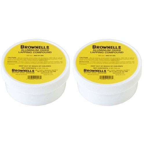 Brownells Lapping Compound Twin Pack offers #600 and #800 grit aluminum oxide in a water-soluble base for easy cleanup, perfect for precision gunsmithing.