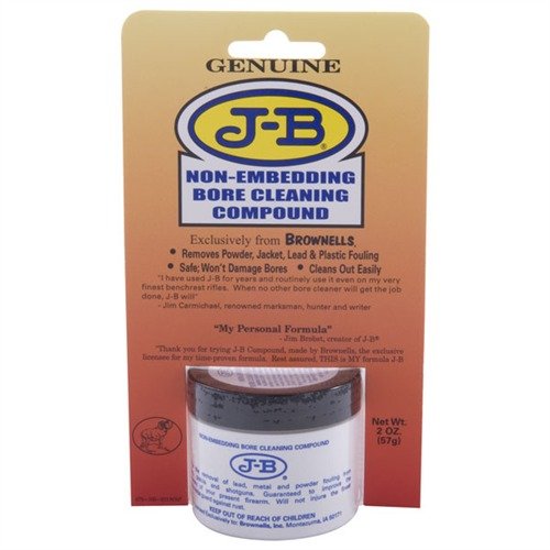 J-B Non-Embedding Bore Cleaning Compound effectively removes tough bullet jacket and powder fouling without damaging rifling, ensuring sparkling clean bores.