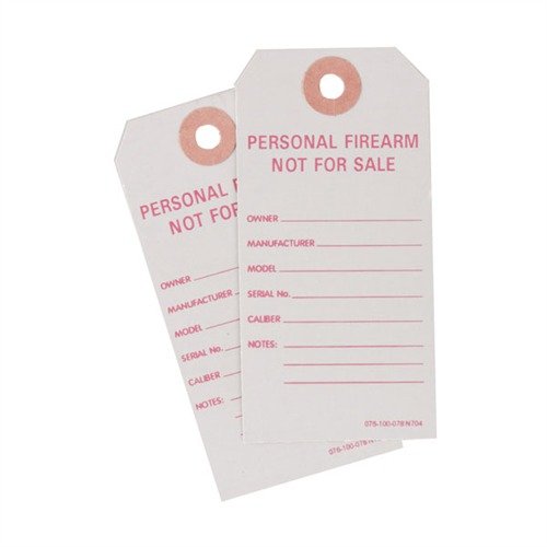 Clearly identify your personal firearms with BATF compliant tags, featuring durable grey paperboard and red lettering, sold in packs of 25 or 50.