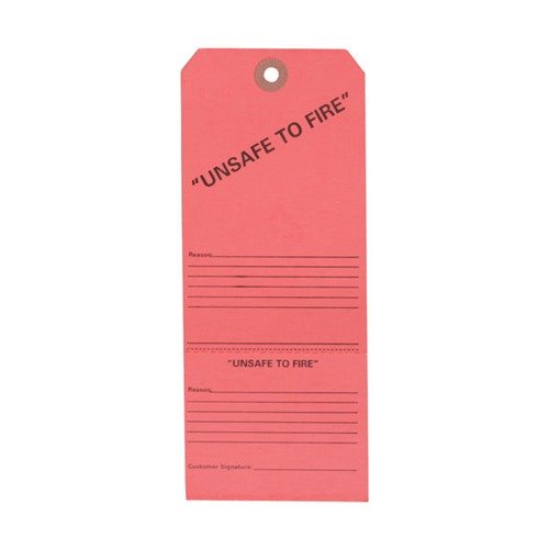 Bright red tags clearly mark firearms as unsafe to fire, ensuring safety and providing records for both shop owners and customers, available in convenient 25-packs.