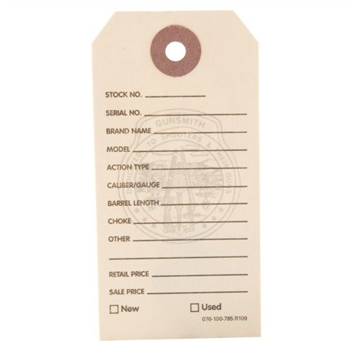 Organise your firearms with Brownells Gun Price Tags, featuring 11 pre-printed headings for easy comparison and a colour-coded system for new, used, or consignment guns.
