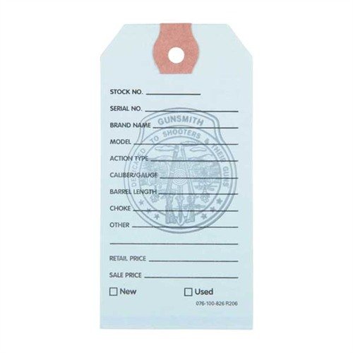 Organise your firearms with Brownells Gun Price Tags, featuring 11 pre-printed headings for essential info, available in light blue for easy identification.