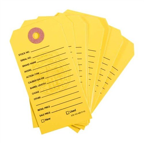 Organise your firearms effortlessly with 500 durable Brownells Gun Price Tags in yellow, featuring reinforced holes for easy tagging and clear information for customers.