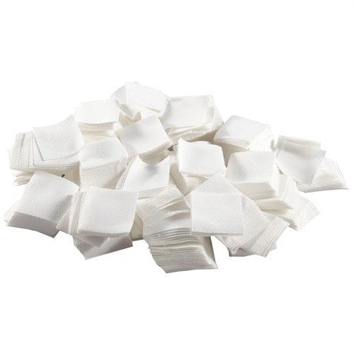 Brownells 100% Cotton Twill Patches offer aggressive scrubbing action with minimal lint, ideal for removing fouling and applying cold blues in .30-.35 cal.