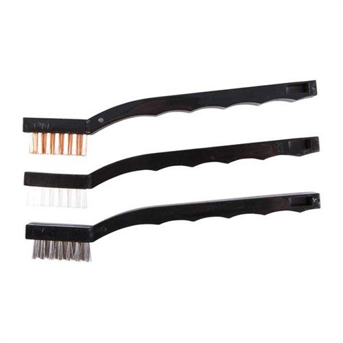 The Brownells Super Toothbrush Multi-Pack features stainless steel, bronze, and nylon bristles for versatile cleaning, with a grooved handle for a secure grip.