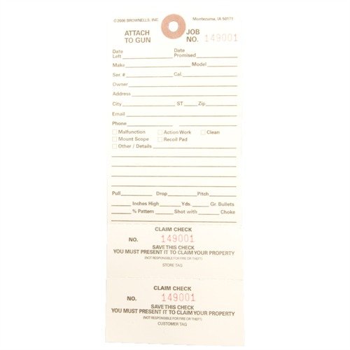 Brownells Double Stub Claim Checks ensure accurate tracking and control for custom work, preventing mix-ups and confusion with two numbered stubs.