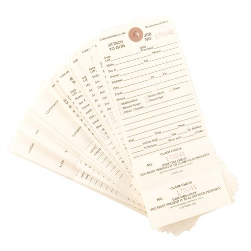 Brownells Double Stub Claim Checks ensure precise tracking of custom work, reducing mix-ups with two numbered stubs for customers and shops, saving space.