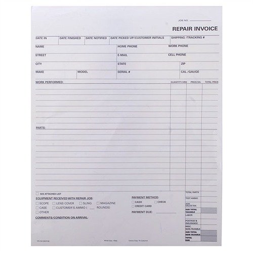 Efficiently track repairs with Brownells 2-part Repair Log Invoice Forms; modern impression paper, ample notes space, and easy job tracking for your gunsmithing needs.