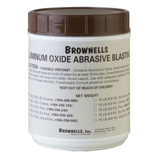 Brownells Aluminum Oxide Abrasive Blasting Grit, Ex-Coarse 60 grit, 6 lbs, delivers a durable matte 'French Gray' finish, perfect for your gunsmithing needs.