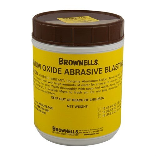 Brownells Aluminum Oxide Abrasive Blasting Grit, 120 grit, 6 lbs, delivers a durable matte 'French Gray' finish, ideal for firearms and gunsmithing projects.