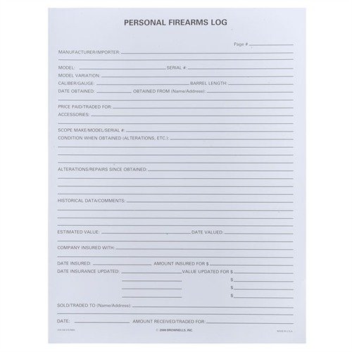 Keep your firearms organized and secure with the Brownells Personal Firearms Log, featuring 25 polypropylene page protectors for easy data management.