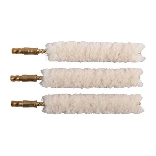 Brownells Wool Bore Mops are pure and natural, fitting .35/.38 calibers, featuring a durable wool construction with brass shank for effective cleaning.