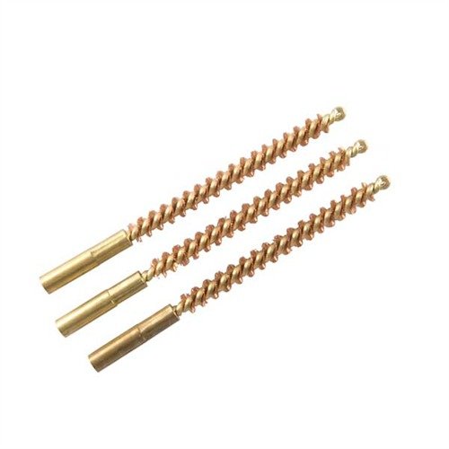 .22 Rimfire Rifle Bore Brushes with hard-scrubbing bronze bristles and brass shank, designed to fit Dewey coated rods; 3 pack for efficient cleaning.