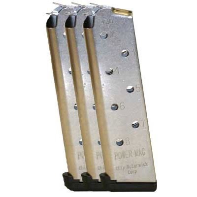 Enhance your shooting experience with Chip McCormick's 1911 45ACP Power Magazine 3 Pack, featuring stainless steel construction and a convenient double magazine pouch.